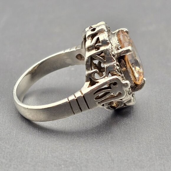 CW Sterling Silver Peach Tourmaline & Marcasite Halo Cathedral Ring Size 7 7.98g - Picture 5 of 13